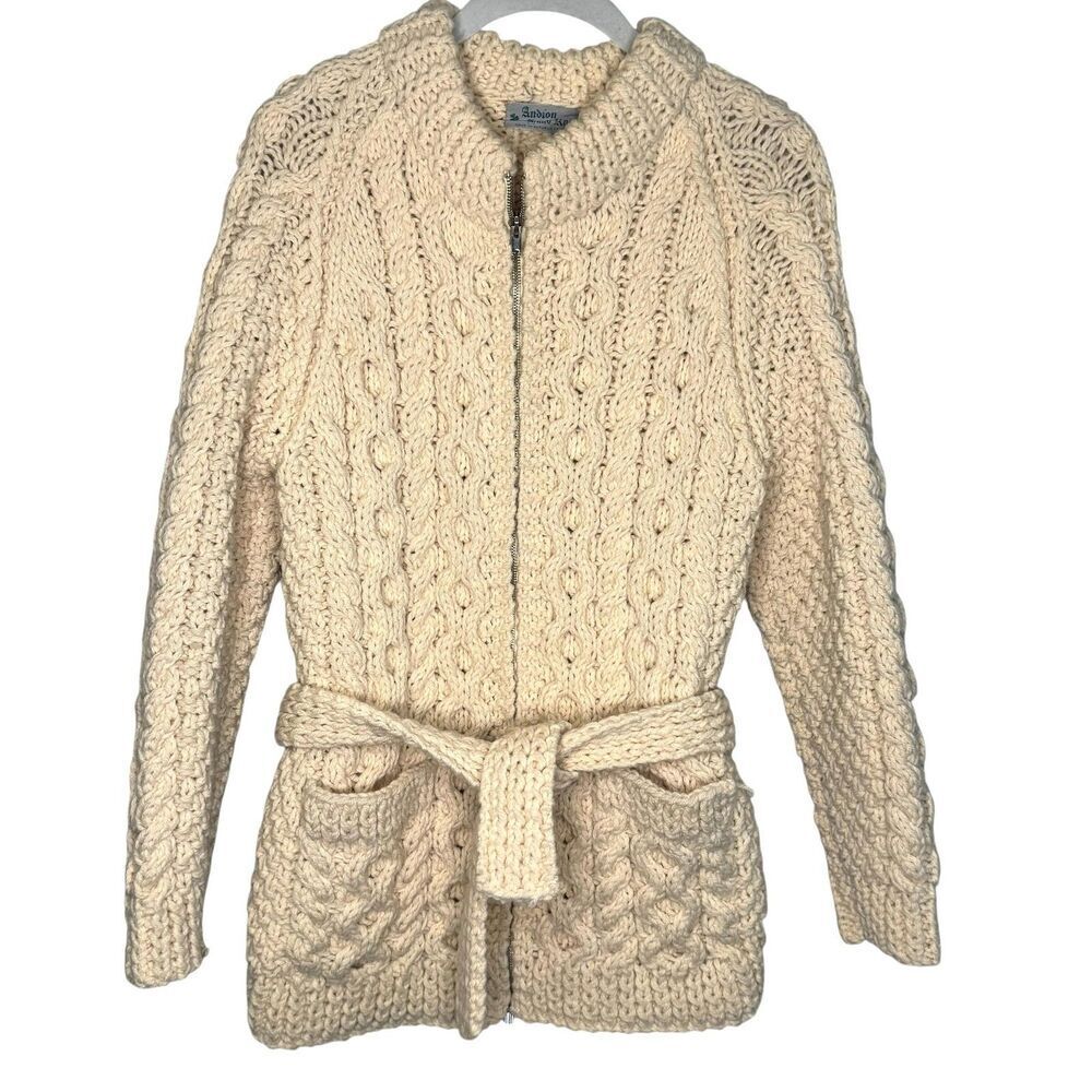 Andion Vintage Hand Knit Cardigan Irish Sweater Womens Small Aran Wool Belt Zip